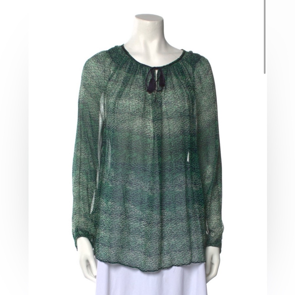 Calypso St Barth Green Sheer Blouse Boho Tie Neck Long Sleeve Top S Flowy Chic
